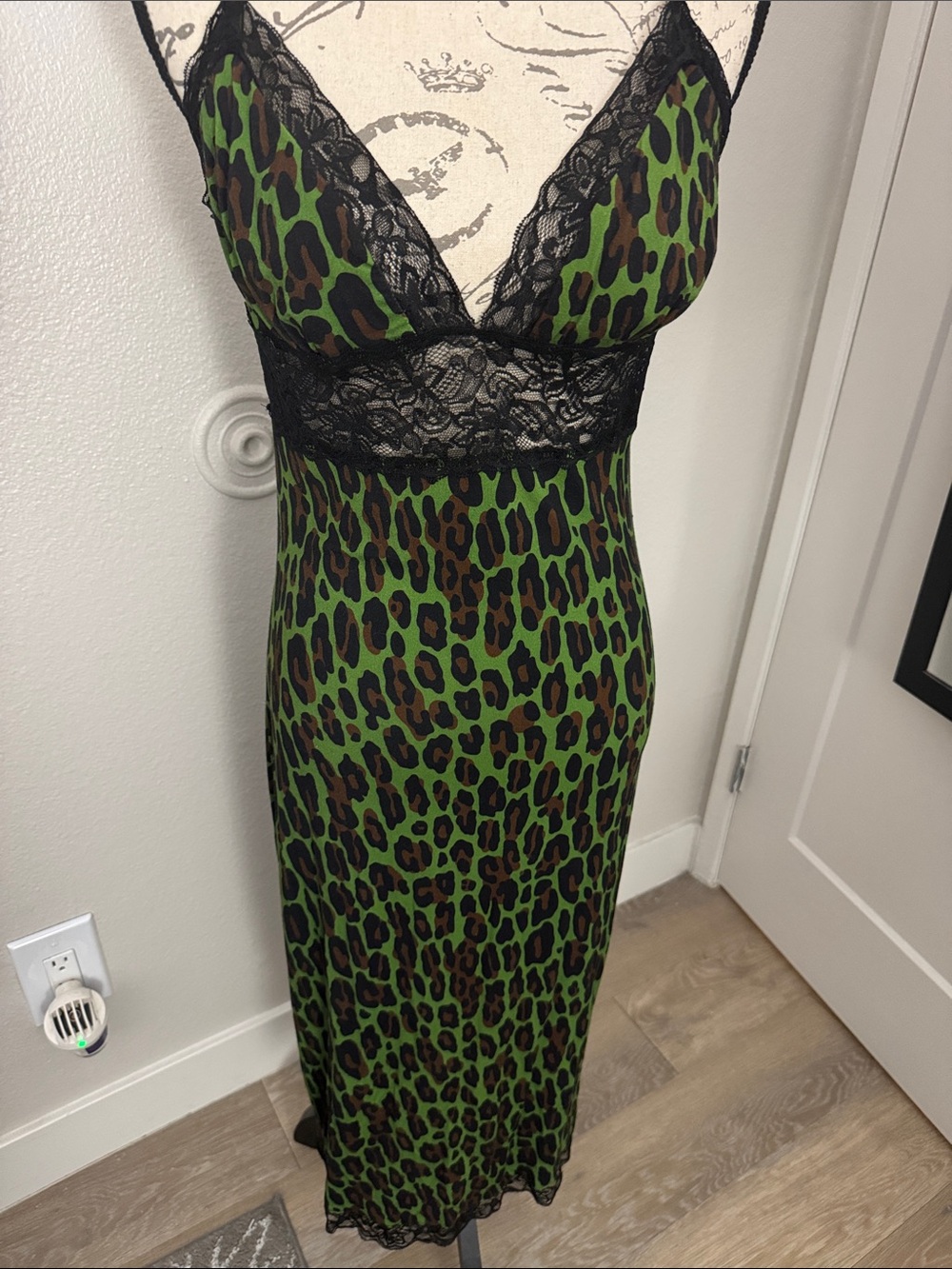 Green Leopard Print Lace Slip Dress